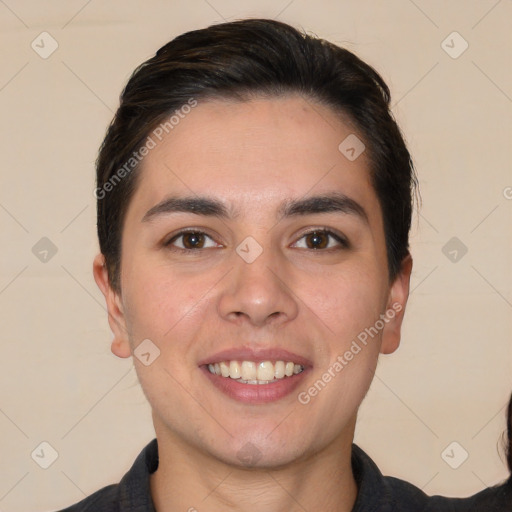 Joyful white young-adult male with short  brown hair and brown eyes