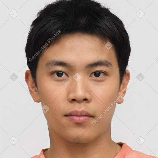 Neutral asian young-adult male with short  black hair and brown eyes