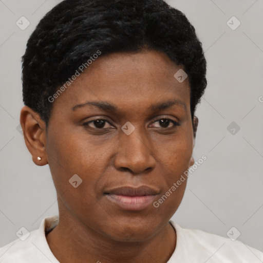 Neutral black young-adult female with short  brown hair and brown eyes