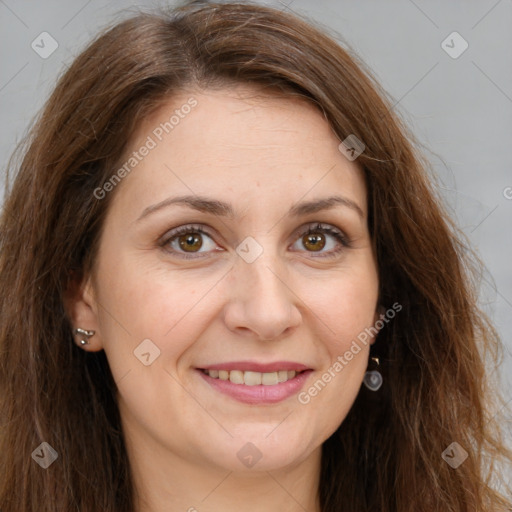 Joyful white adult female with long  brown hair and brown eyes