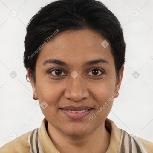 Joyful latino young-adult female with short  brown hair and brown eyes