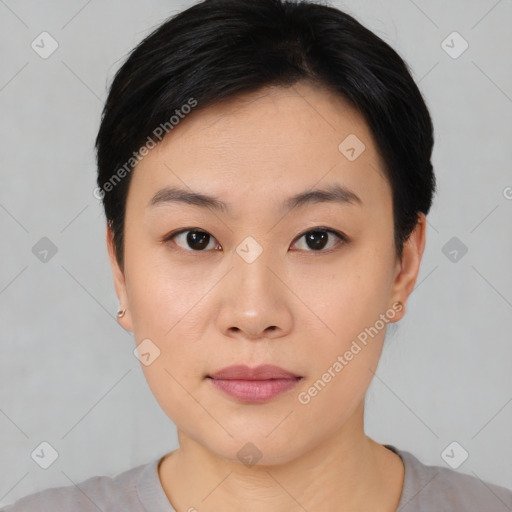 Neutral asian young-adult female with short  black hair and brown eyes