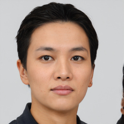 Neutral asian young-adult male with short  black hair and brown eyes