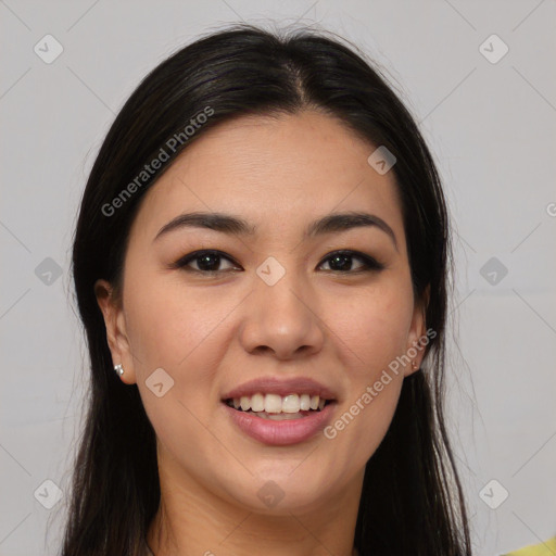 Joyful white young-adult female with long  brown hair and brown eyes