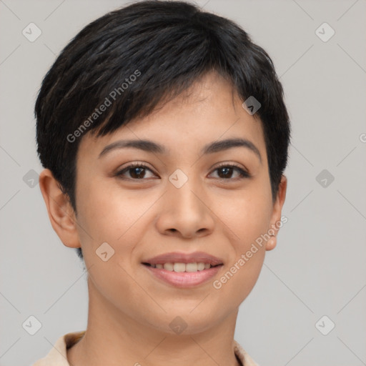 Joyful asian young-adult female with short  brown hair and brown eyes