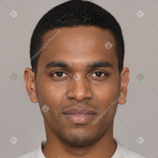 Neutral black young-adult male with short  black hair and brown eyes