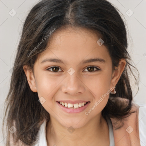 Joyful white child female with medium  brown hair and brown eyes