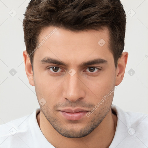 Neutral white young-adult male with short  brown hair and brown eyes