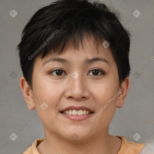 Joyful white young-adult female with short  brown hair and brown eyes