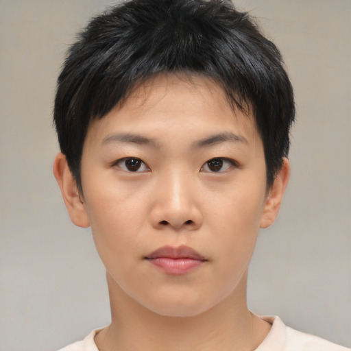 Neutral asian young-adult male with short  brown hair and brown eyes