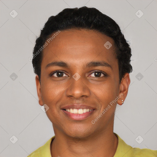 Joyful black young-adult male with short  black hair and brown eyes