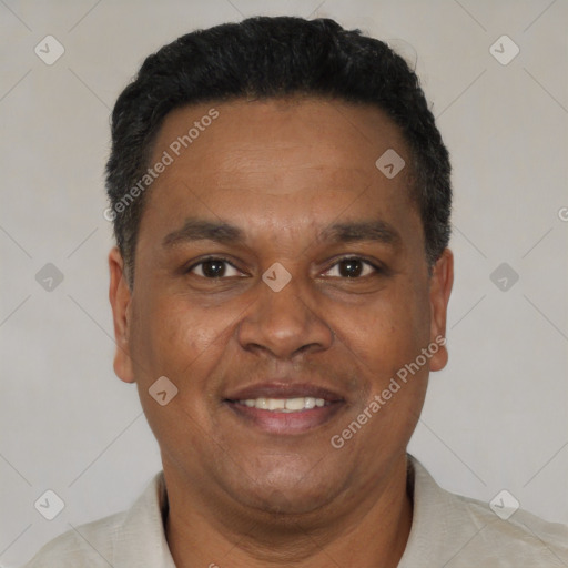 Joyful black adult male with short  brown hair and brown eyes