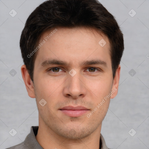 Neutral white young-adult male with short  brown hair and brown eyes