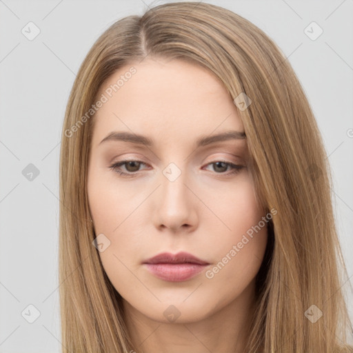 Neutral white young-adult female with long  brown hair and brown eyes