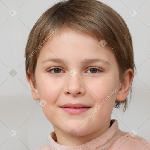 Joyful white child female with short  brown hair and brown eyes