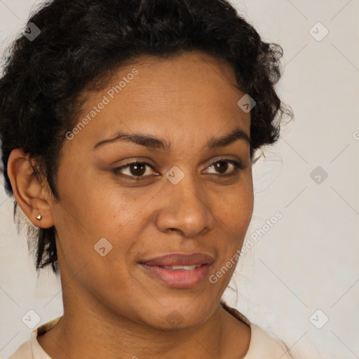 Joyful latino young-adult female with short  brown hair and brown eyes