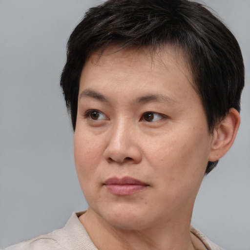 Joyful asian young-adult female with short  brown hair and brown eyes