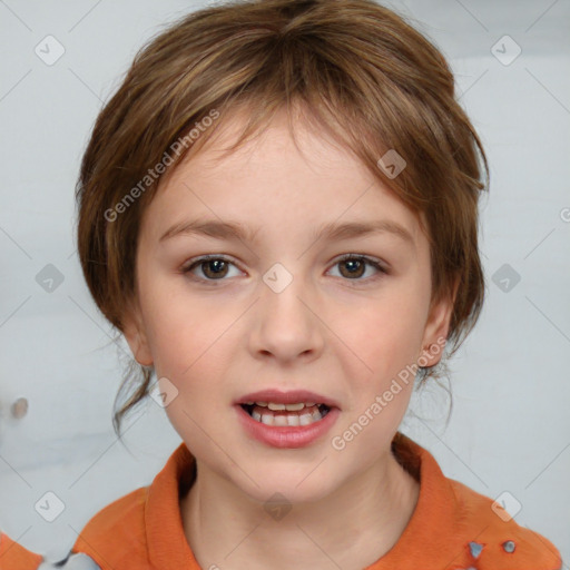 Joyful white child female with medium  brown hair and brown eyes