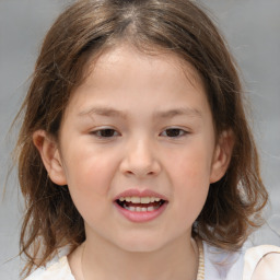 Joyful white child female with medium  brown hair and brown eyes