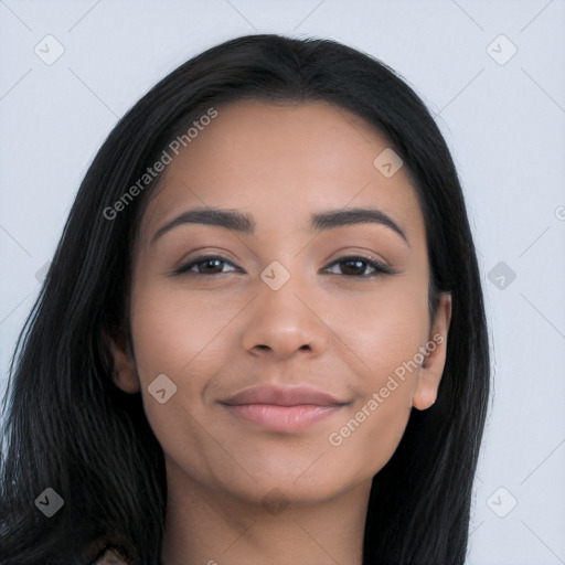 Joyful latino young-adult female with long  brown hair and brown eyes