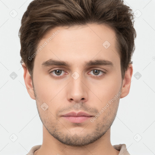 Neutral white young-adult male with short  brown hair and brown eyes