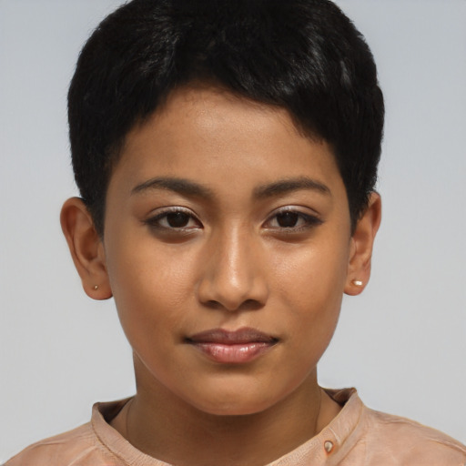 Joyful latino young-adult female with short  brown hair and brown eyes