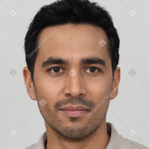 Neutral asian young-adult male with short  black hair and brown eyes