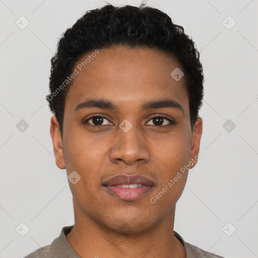 Neutral black young-adult male with short  black hair and brown eyes