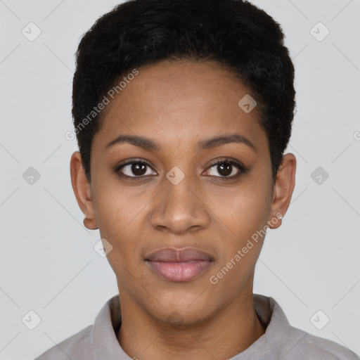 Joyful black young-adult female with short  black hair and brown eyes