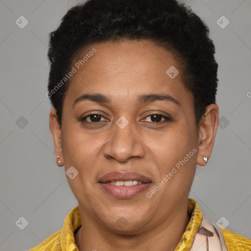 Joyful latino adult female with short  brown hair and brown eyes