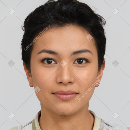 Joyful asian young-adult female with short  brown hair and brown eyes