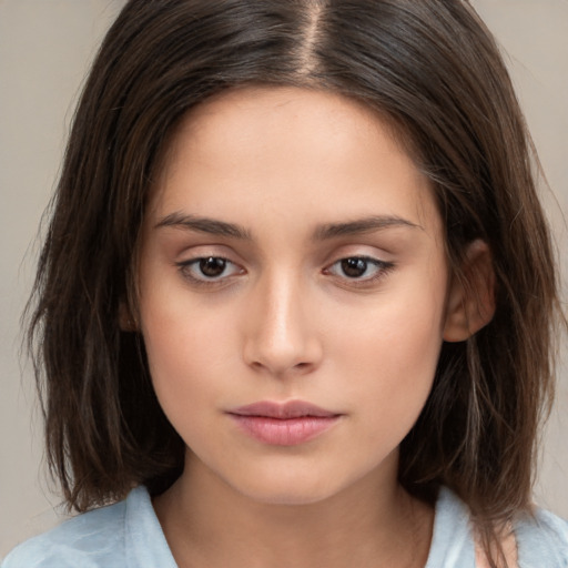 Neutral white young-adult female with medium  brown hair and brown eyes