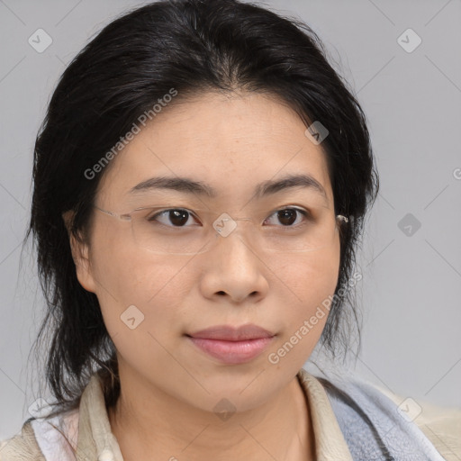 Joyful asian young-adult female with medium  brown hair and brown eyes