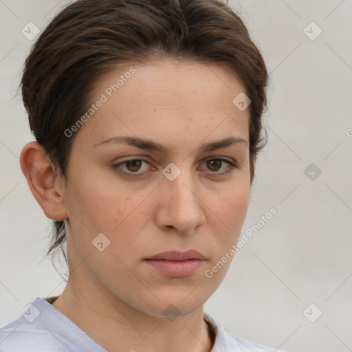 Neutral white young-adult female with short  brown hair and brown eyes