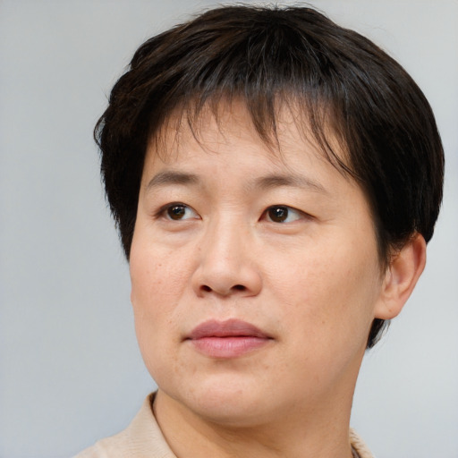 Joyful white adult female with short  brown hair and brown eyes