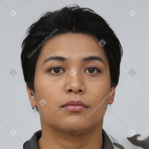 Neutral asian young-adult female with short  black hair and brown eyes