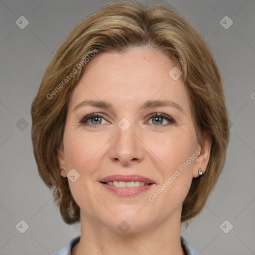 Joyful white adult female with medium  brown hair and grey eyes