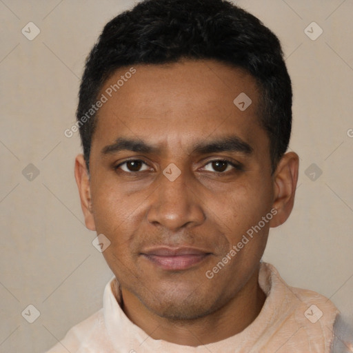 Joyful black young-adult male with short  black hair and brown eyes