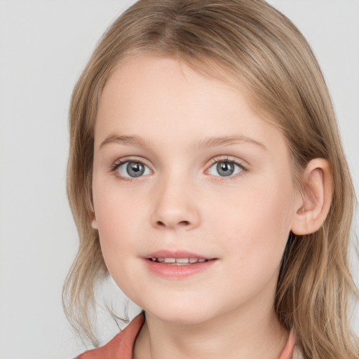 Joyful white child female with medium  brown hair and blue eyes