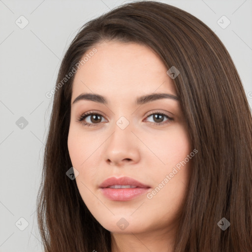 Neutral white young-adult female with long  brown hair and brown eyes