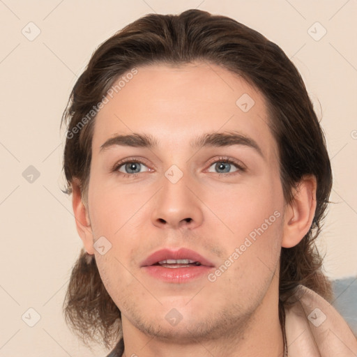 Neutral white young-adult male with medium  brown hair and brown eyes