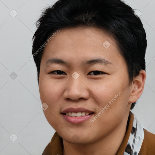 Joyful asian young-adult female with short  brown hair and brown eyes