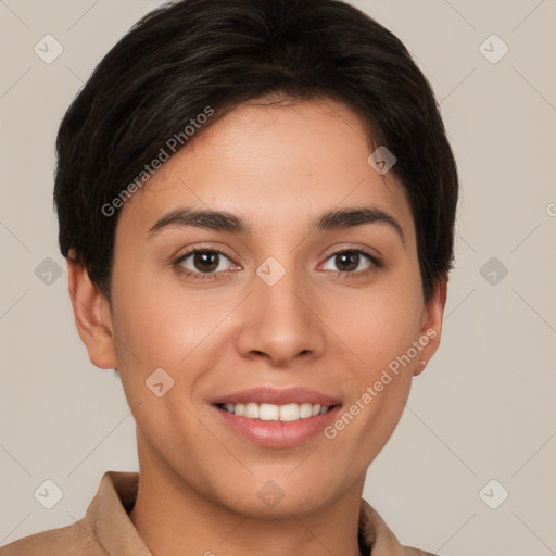 Joyful white young-adult female with short  brown hair and brown eyes