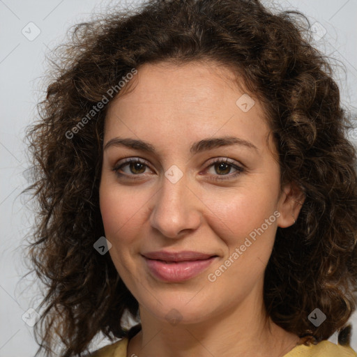 Joyful white young-adult female with medium  brown hair and green eyes