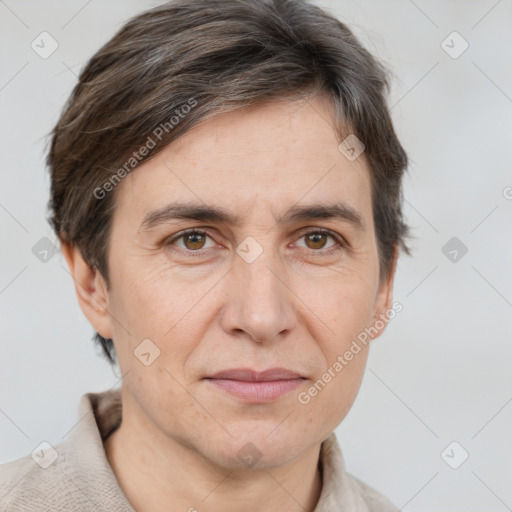 Joyful white adult male with short  brown hair and grey eyes