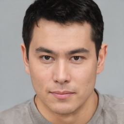 Neutral asian young-adult male with short  brown hair and brown eyes