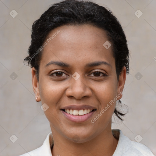 Joyful latino young-adult female with short  black hair and brown eyes