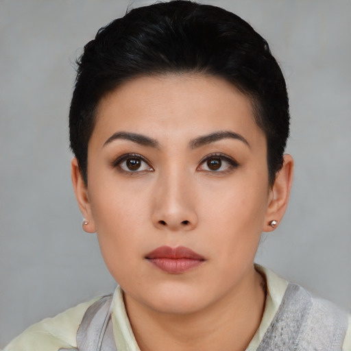 Neutral asian young-adult female with short  black hair and brown eyes