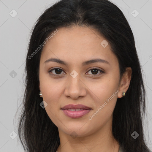 Joyful asian young-adult female with long  brown hair and brown eyes