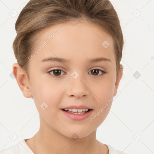 Joyful white child female with short  brown hair and brown eyes